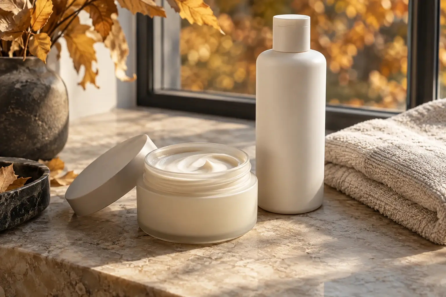 Haarmaske und Conditioner in warmem Herbstlicht